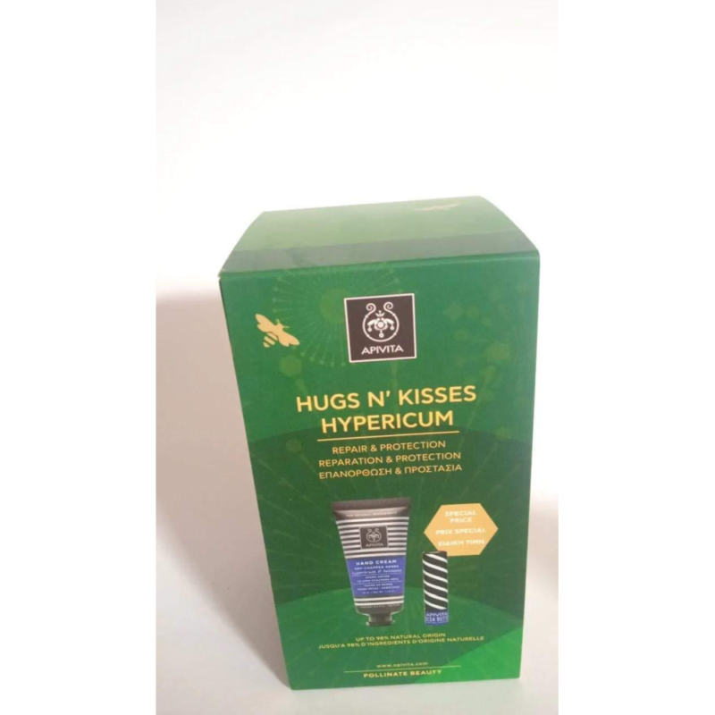 APIVITA SET HUGS N' KISSES HYPERICUM DRY- CHAPPED HAND CREAM WITH HYPERICUM & BEESWAX 50ml +LIPCARE WITH COCOA BUTTER SPF20